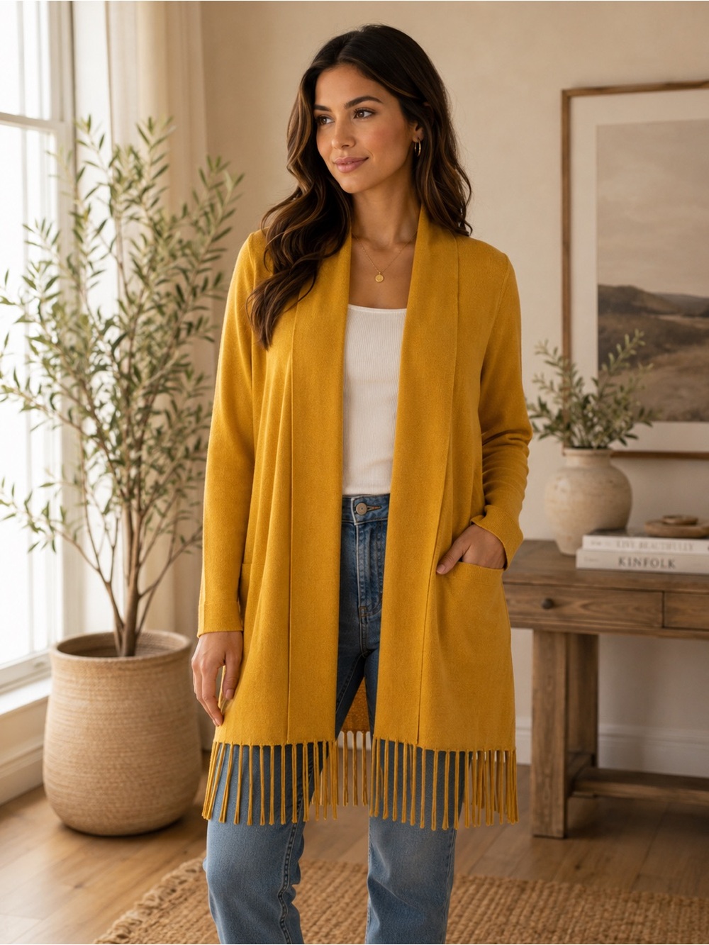 Mustard Fringe Open-Front Women's Sweater Cardigan
